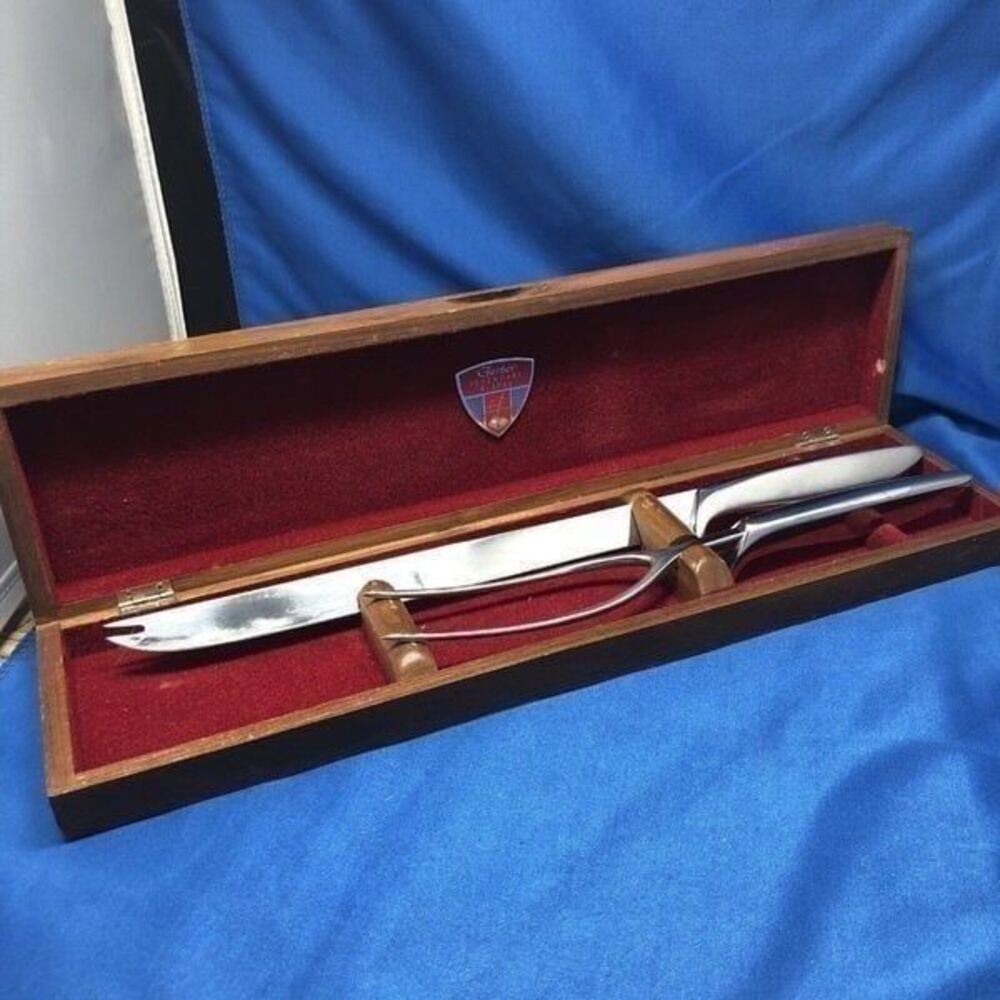 GERBER LEGENDARY BLADES Serving Fork 15" and Knife 11” In Wooden Box Vintage